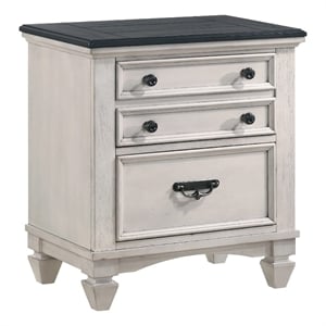 Benjara Sawz Nightstand with 3 Drawers- Charcoal Plank Top- Light Gray Wood