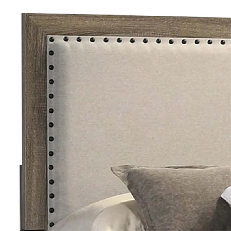 Benjara Shannon Full Panel Bed with Nailhead Trim- Ivory Fabric- Gray Wood