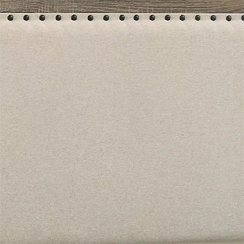 Benjara Shannon Full Panel Bed with Nailhead Trim- Ivory Fabric- Gray Wood