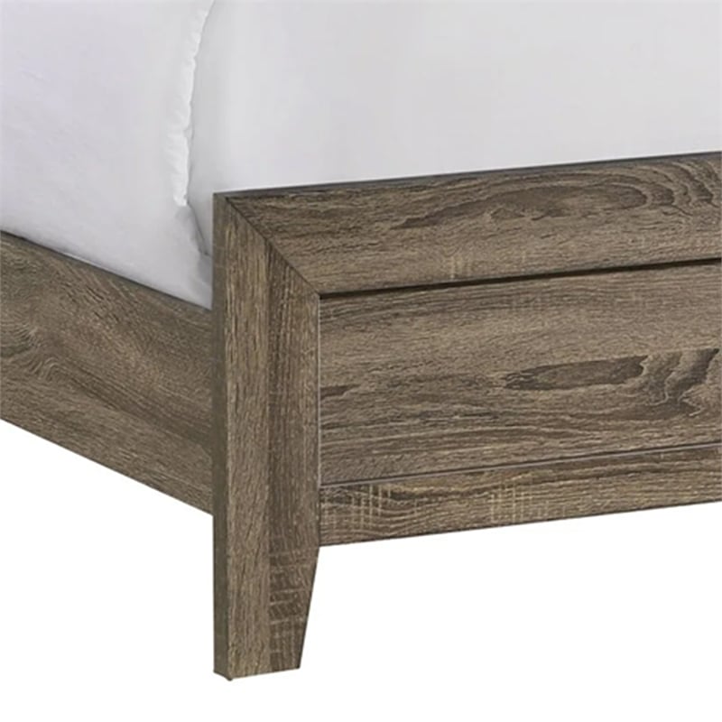 Benjara Shannon Full Panel Bed with Nailhead Trim- Ivory Fabric- Gray Wood