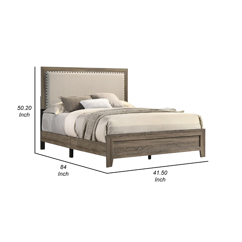 Benjara Shannon Full Panel Bed with Nailhead Trim- Ivory Fabric- Gray Wood