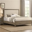 Benjara Shannon Full Panel Bed with Nailhead Trim- Ivory Fabric- Gray Wood
