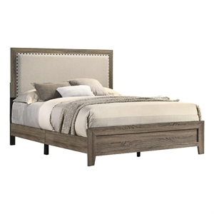 Benjara Shannon Full Panel Bed with Nailhead Trim- Ivory Fabric- Gray Wood