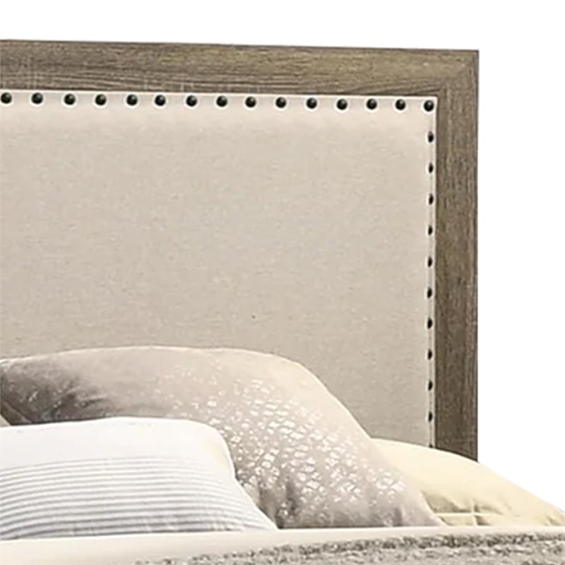Benjara Shannon King Panel Bed with Nailhead Trim- Ivory Fabric- Gray Wood