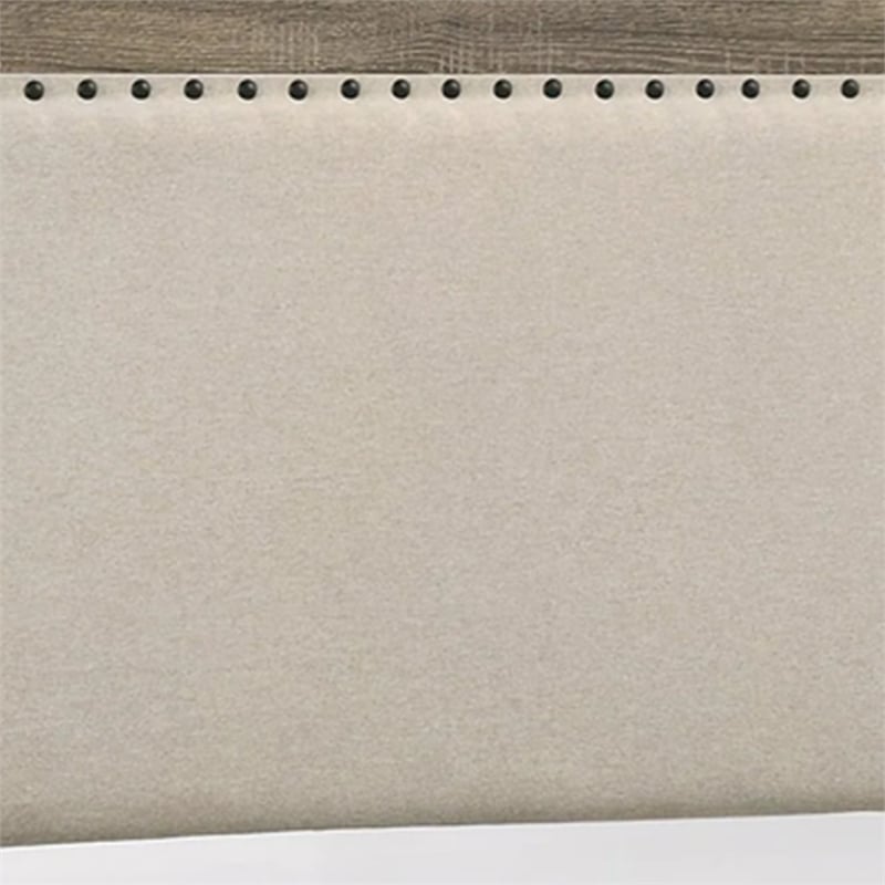 Benjara Shannon King Panel Bed with Nailhead Trim- Ivory Fabric- Gray Wood