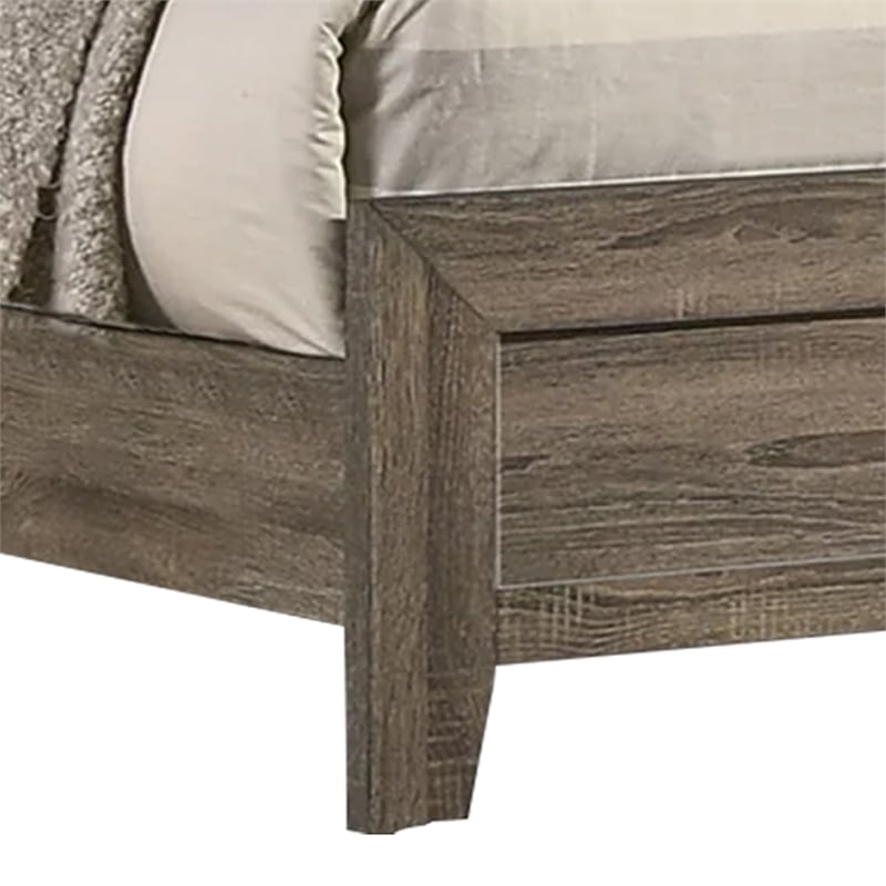 Benjara Shannon King Panel Bed with Nailhead Trim- Ivory Fabric- Gray Wood