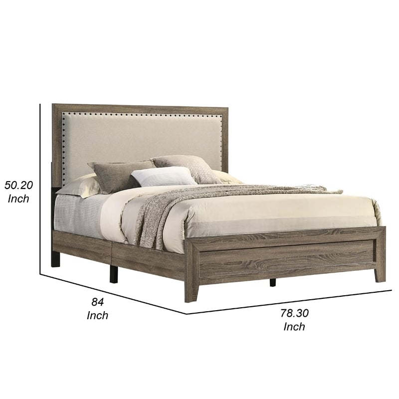 Benjara Shannon King Panel Bed with Nailhead Trim- Ivory Fabric- Gray Wood