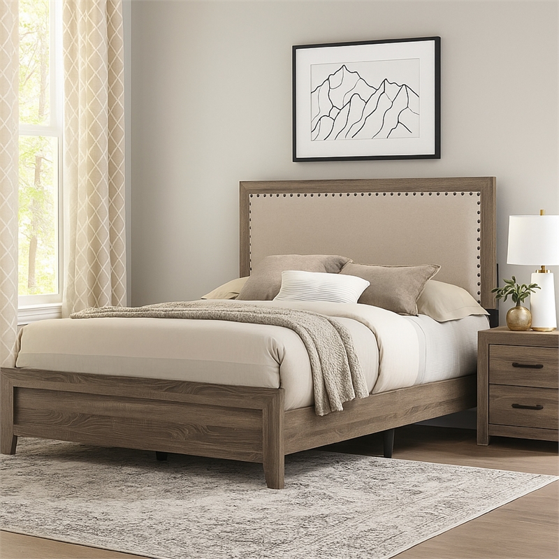 Benjara Shannon King Panel Bed with Nailhead Trim- Ivory Fabric- Gray Wood