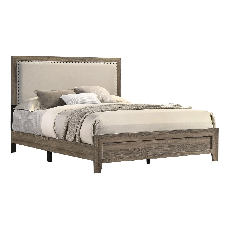 Benjara Shannon King Panel Bed with Nailhead Trim- Ivory Fabric- Gray Wood