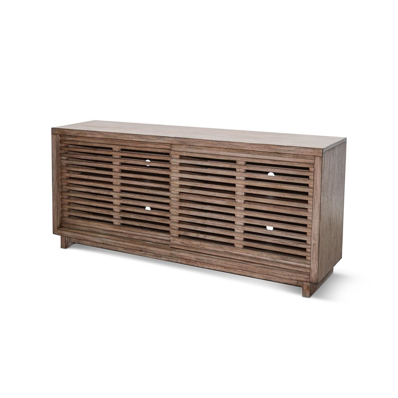 Benjara Jave TV Stand Media Cabinet- Slatted Doors- Shelves- Brown Wood 65 Inch