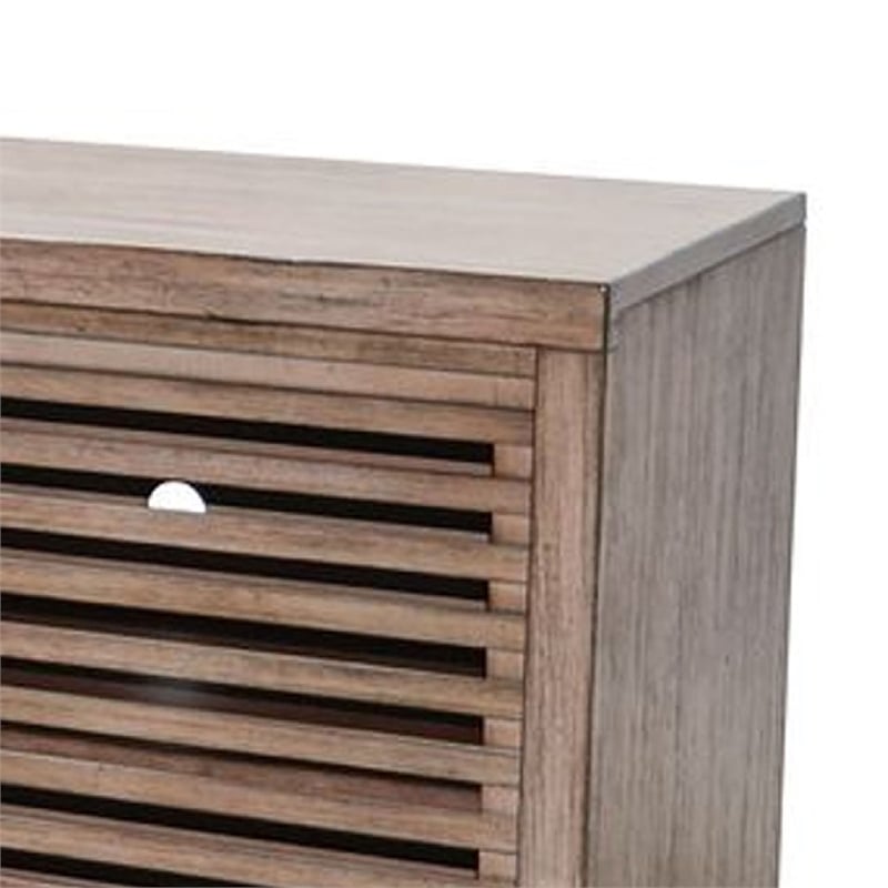 Benjara Jave TV Stand Media Cabinet- Slatted Doors- Shelves- Brown Wood 65 Inch