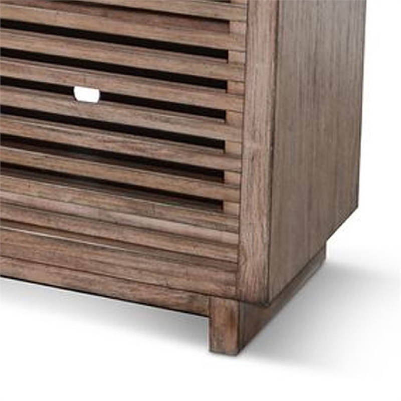 Benjara Jave TV Stand Media Cabinet- Slatted Doors- Shelves- Brown Wood 65 Inch