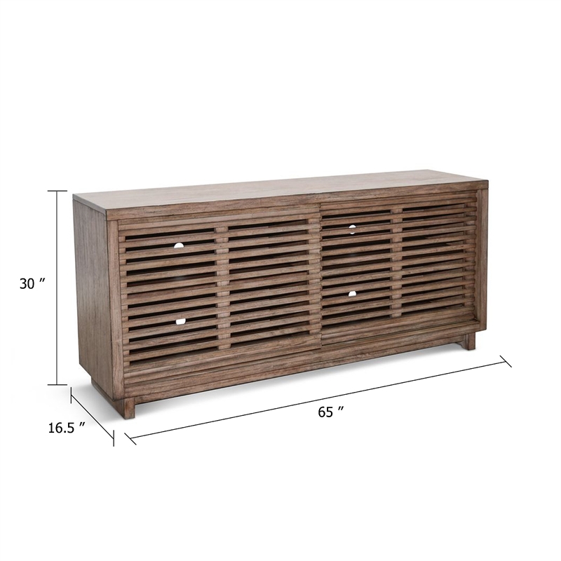 Benjara Jave TV Stand Media Cabinet- Slatted Doors- Shelves- Brown Wood 65 Inch