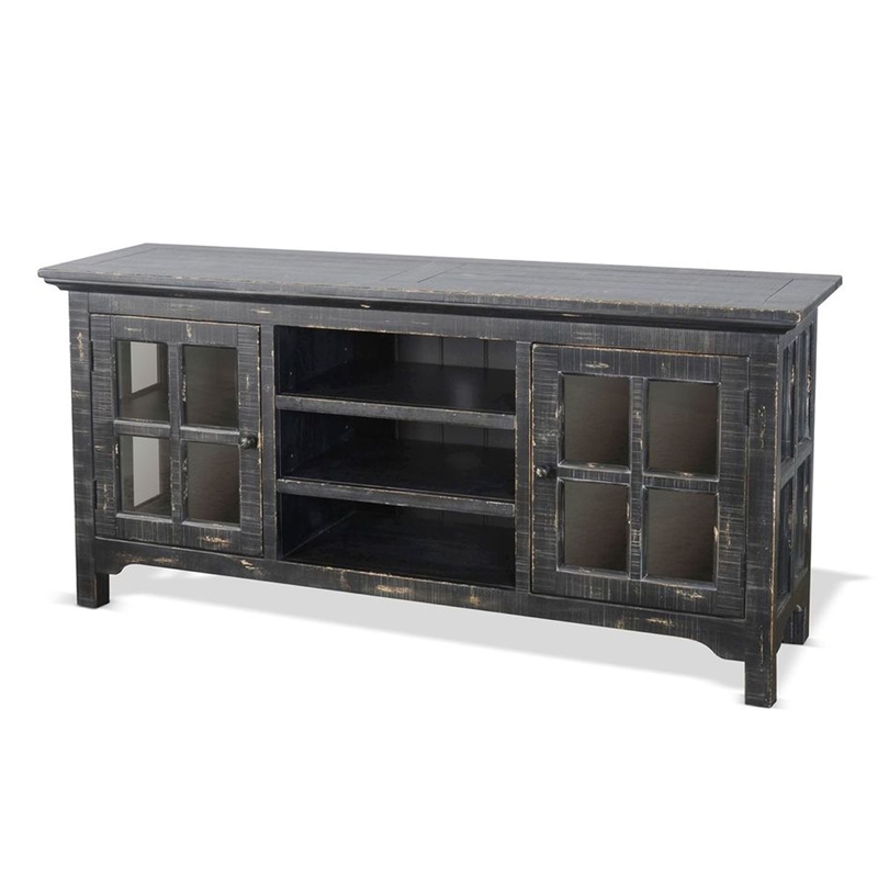 Benjara Kobe TV Stand Media Cabinet- Glass Doors- Farmhouse Black 62 Inch