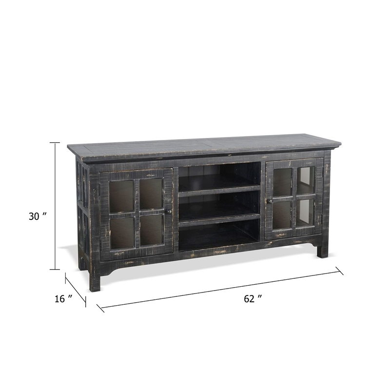 Benjara Kobe TV Stand Media Cabinet- Glass Doors- Farmhouse Black 62 Inch