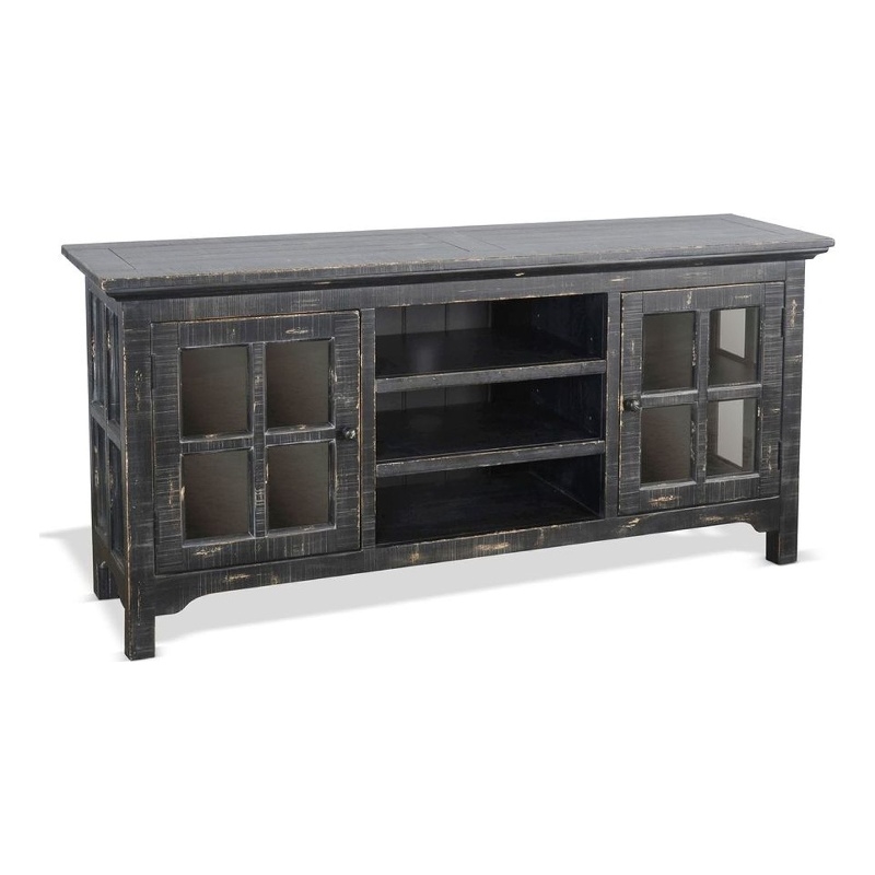 Benjara Kobe TV Stand Media Cabinet- Glass Doors- Farmhouse Black 62 Inch
