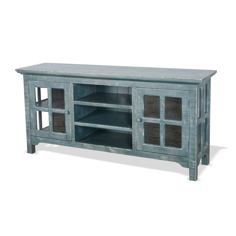 Benjara Kobe TV Stand Media Cabinet- Glass Doors- Farmhouse Green 62 Inch