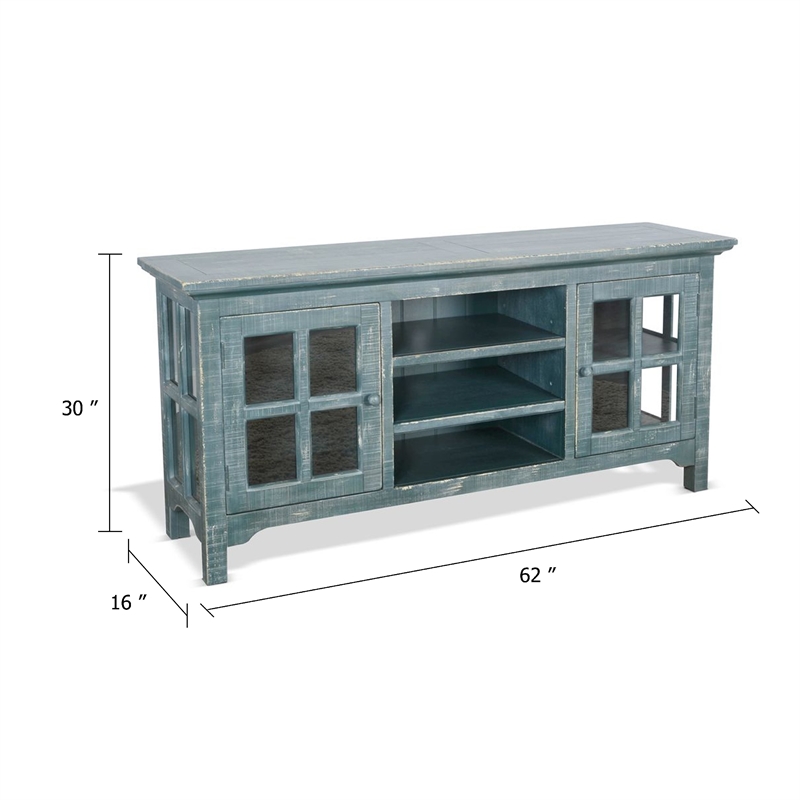 Benjara Kobe TV Stand Media Cabinet- Glass Doors- Farmhouse Green 62 Inch