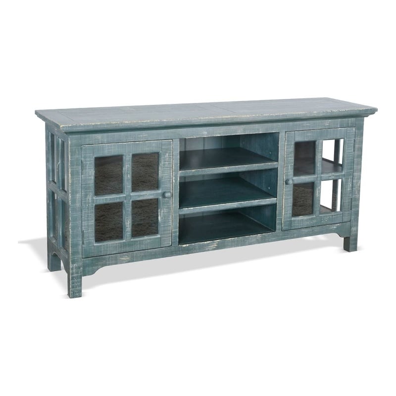 Benjara Kobe TV Stand Media Cabinet- Glass Doors- Farmhouse Green 62 Inch