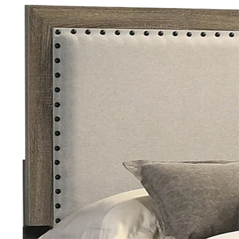 Benjara Shannon Queen Panel Bed with Nailhead Trim- Ivory Fabric- Gray Wood
