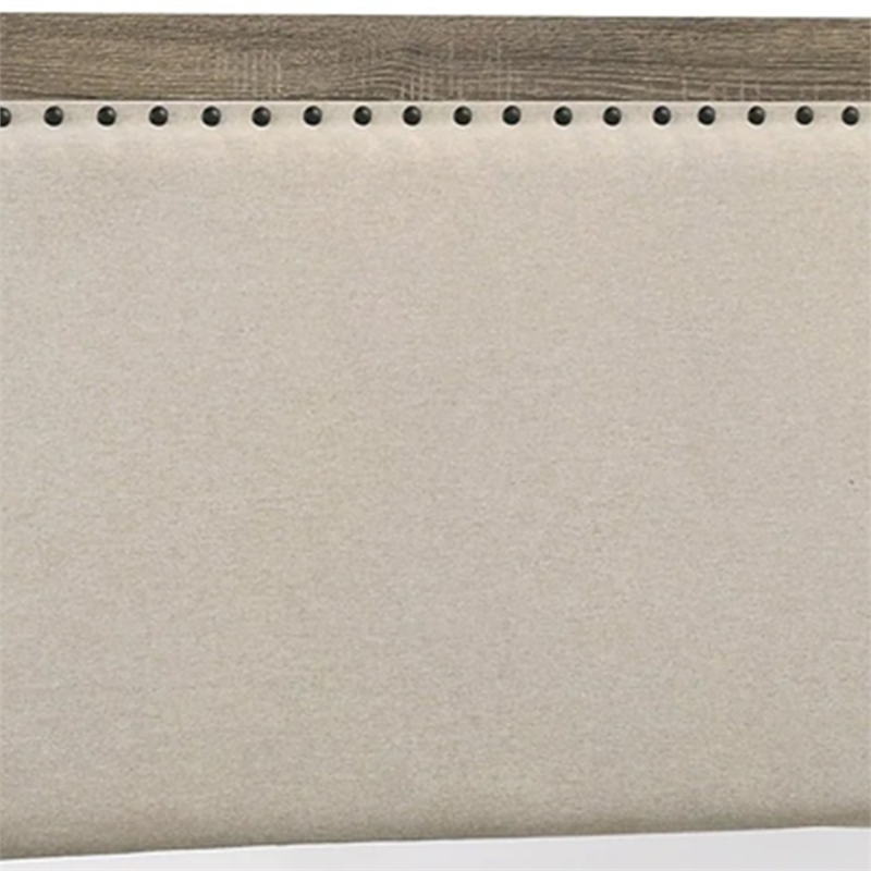 Benjara Shannon Queen Panel Bed with Nailhead Trim- Ivory Fabric- Gray Wood