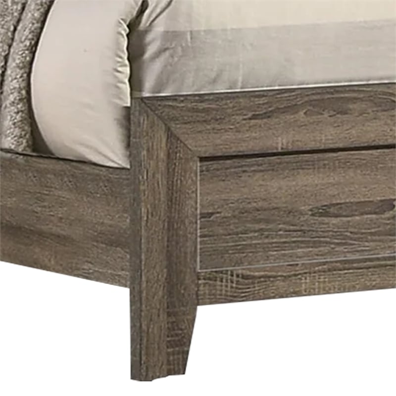 Benjara Shannon Queen Panel Bed with Nailhead Trim- Ivory Fabric- Gray Wood
