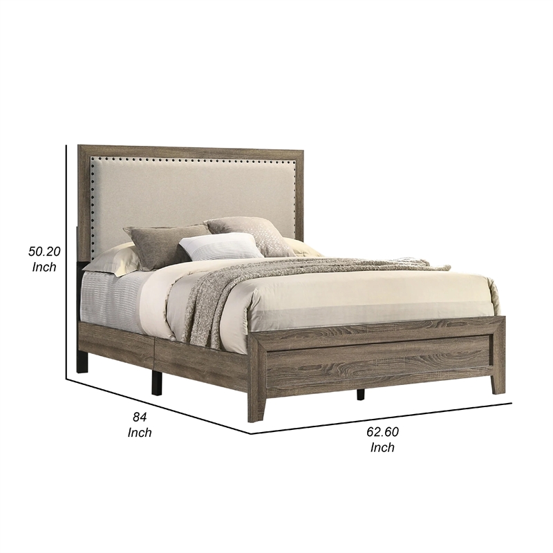 Benjara Shannon Queen Panel Bed with Nailhead Trim- Ivory Fabric- Gray Wood