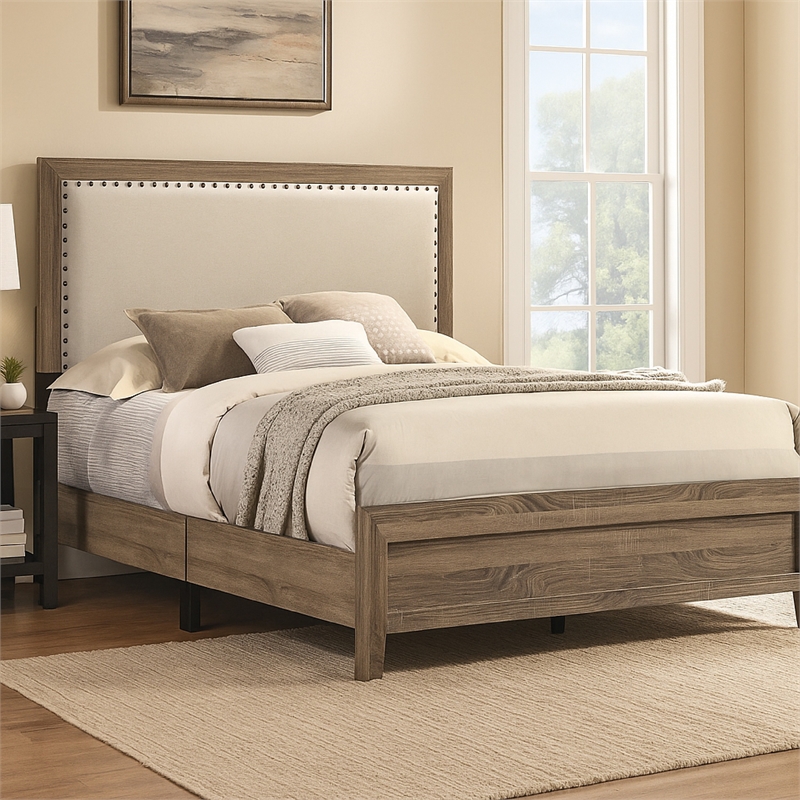 Benjara Shannon Queen Panel Bed with Nailhead Trim- Ivory Fabric- Gray Wood