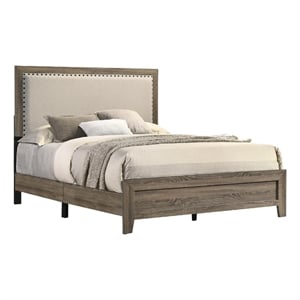 Benjara Shannon Queen Panel Bed with Nailhead Trim- Ivory Fabric- Gray Wood