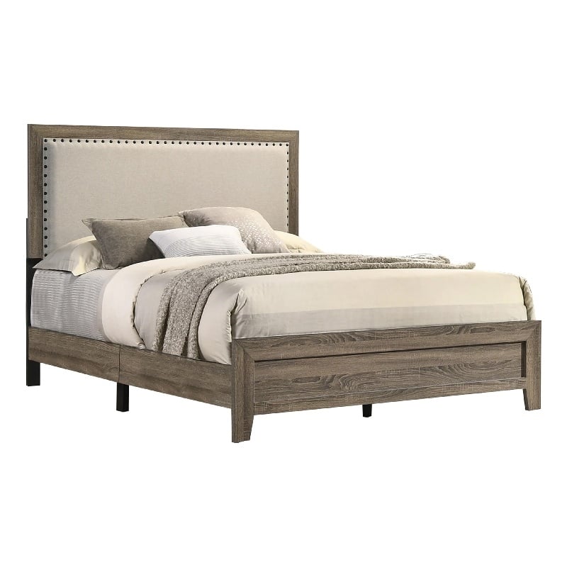Benjara Shannon Queen Panel Bed with Nailhead Trim- Ivory Fabric- Gray Wood