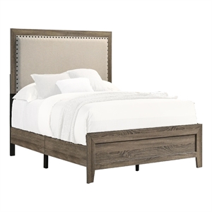 Benjara Shannon Twin Panel Bed with Nailhead Trim- Ivory Fabric- Gray Wood