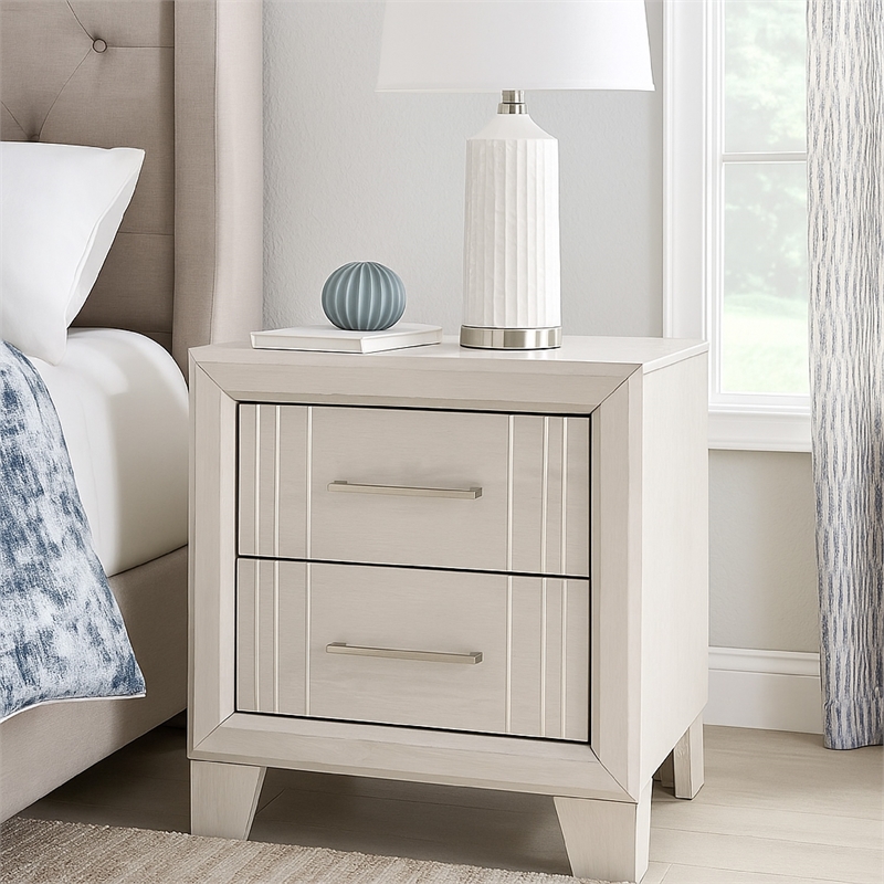 Benjara Charie Nightstand with 2 Drawers- Tapered Legs- Silver Metal- White Wood