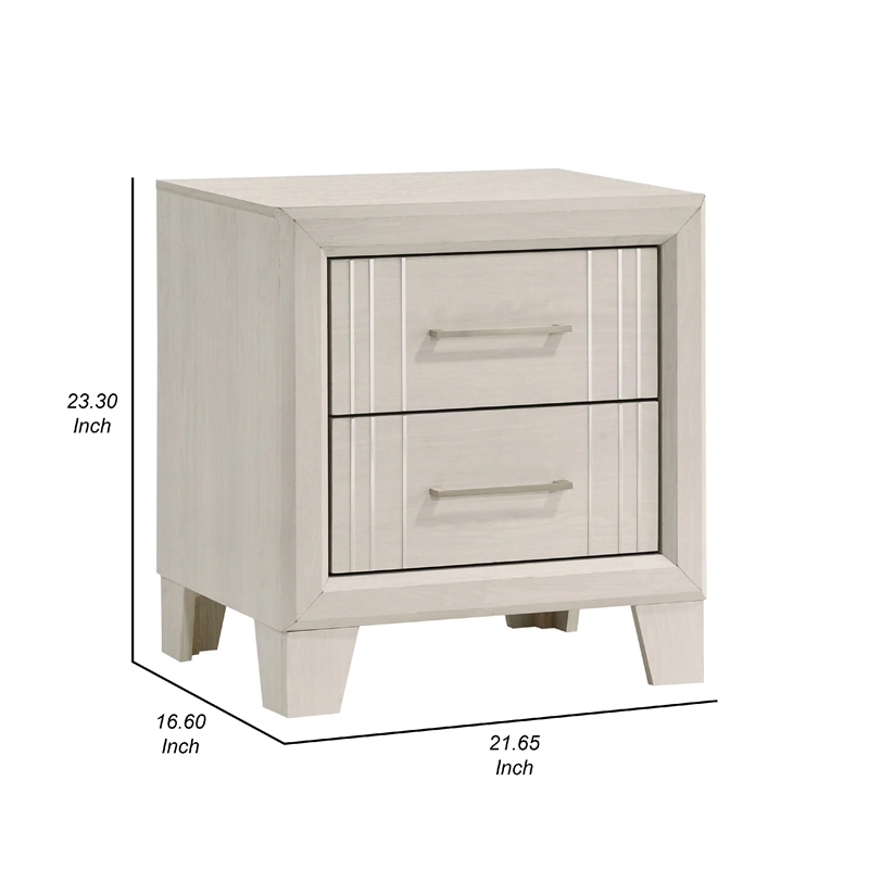 Benjara Charie Nightstand with 2 Drawers- Tapered Legs- Silver Metal- White Wood