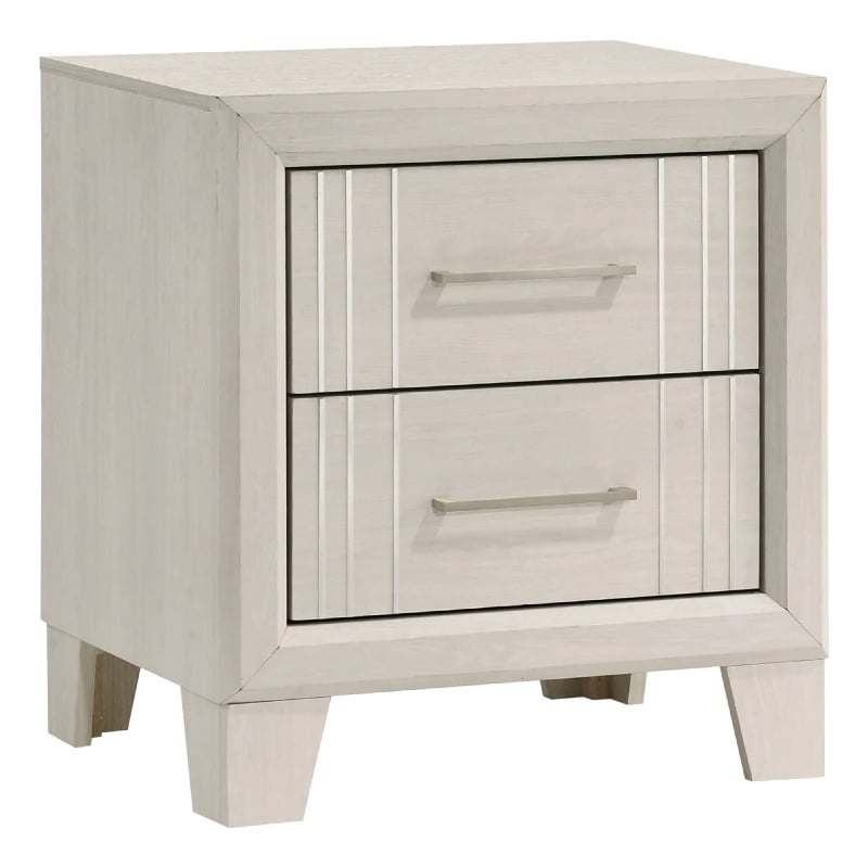 Benjara Charie Nightstand with 2 Drawers- Tapered Legs- Silver Metal- White Wood