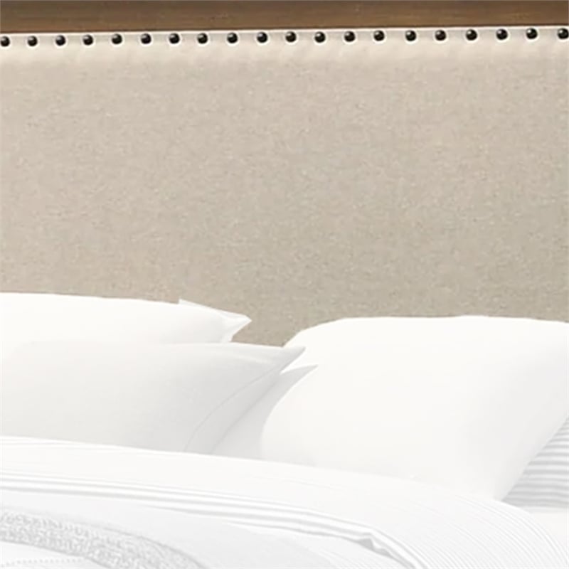 Benjara Shannon King Bed with Nailhead Trim- Ivory Fabric on- Cherry Brown Wood