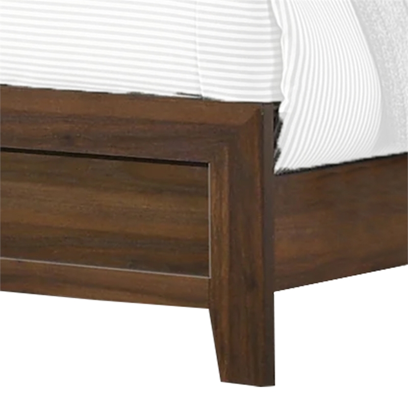 Benjara Shannon King Bed with Nailhead Trim- Ivory Fabric on- Cherry Brown Wood