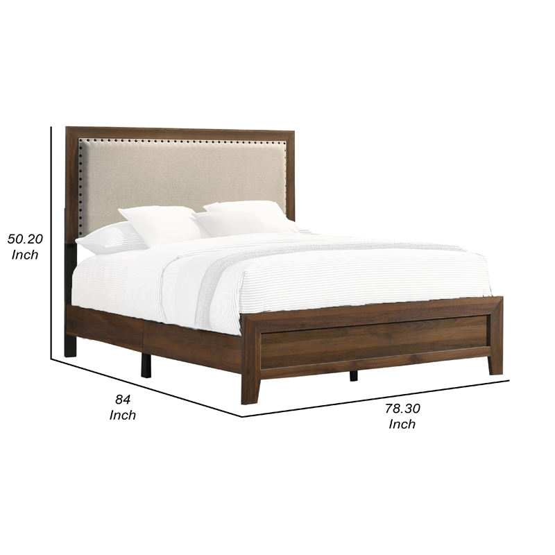 Benjara Shannon King Bed with Nailhead Trim- Ivory Fabric on- Cherry Brown Wood