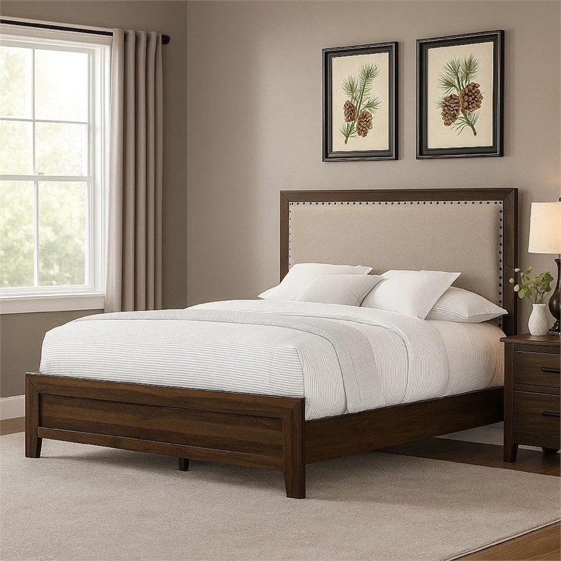 Benjara Shannon King Bed with Nailhead Trim- Ivory Fabric on- Cherry Brown Wood
