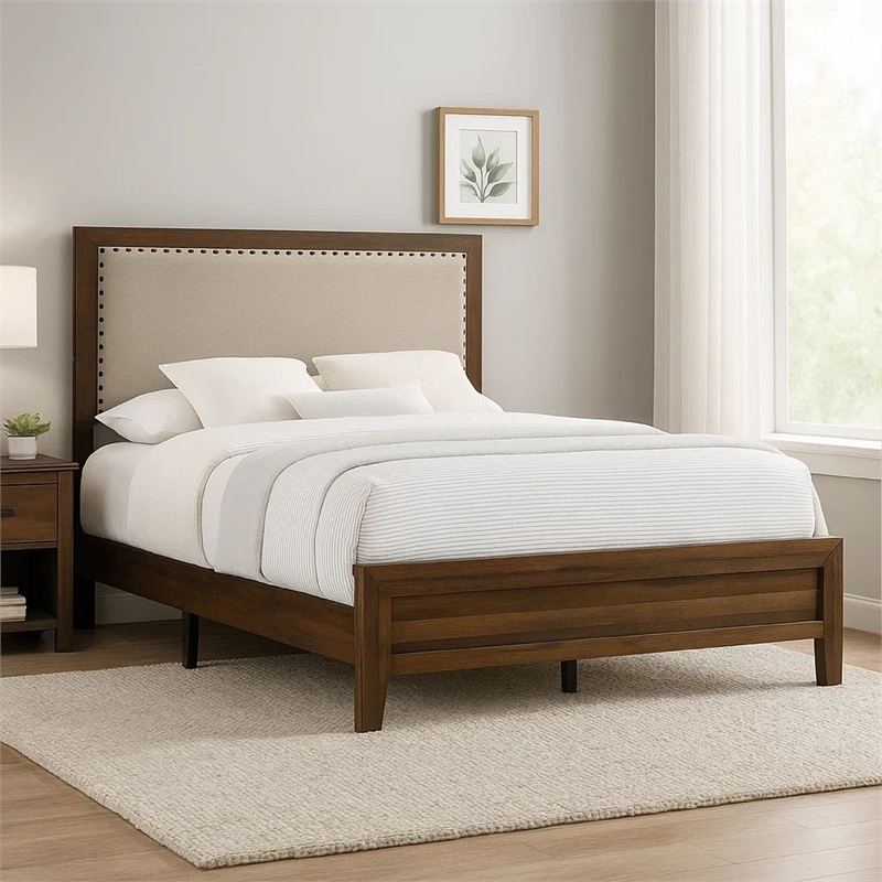 Benjara Shannon King Bed with Nailhead Trim- Ivory Fabric on- Cherry Brown Wood