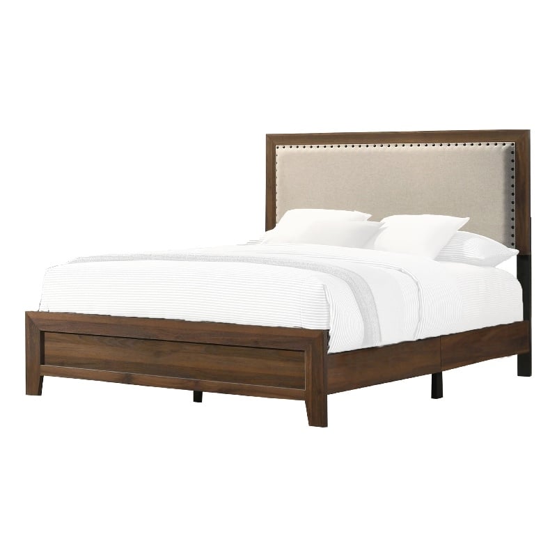 Benjara Shannon King Bed with Nailhead Trim- Ivory Fabric on- Cherry Brown Wood
