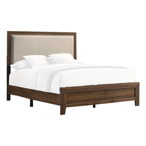 Benjara Shannon Queen Bed with Nailhead Trim- Ivory Fabric on Cherry Brown Wood