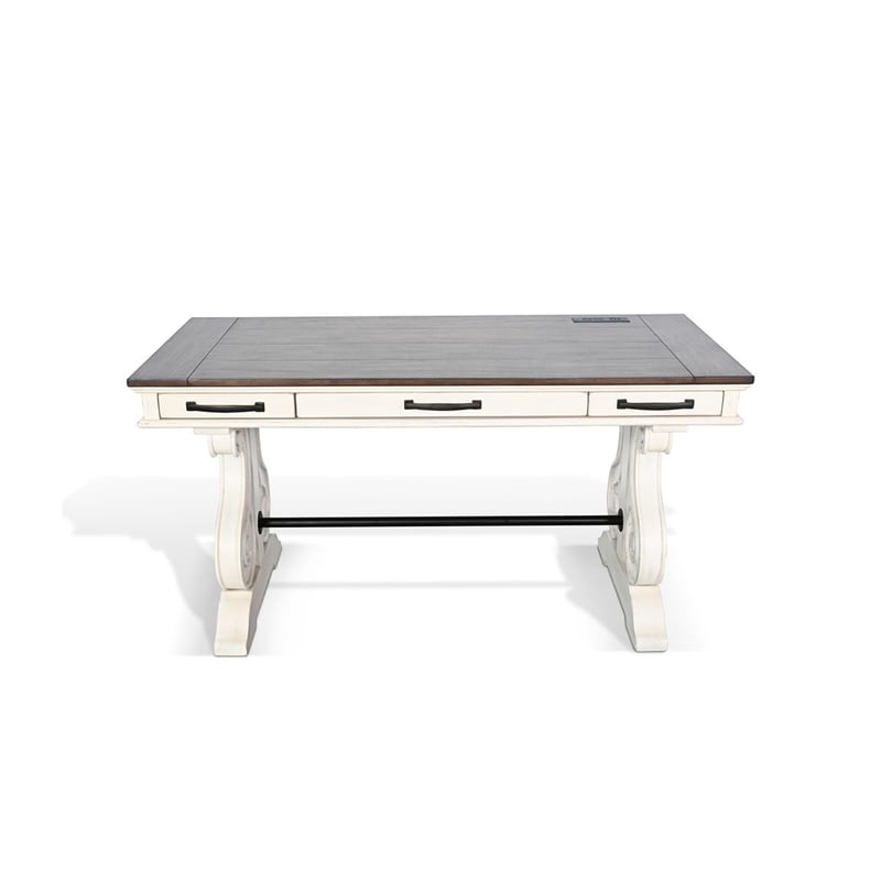 Benjara Fenil Writing Desk with Power Strip and 3 Drawer- White Mindi Mahogany