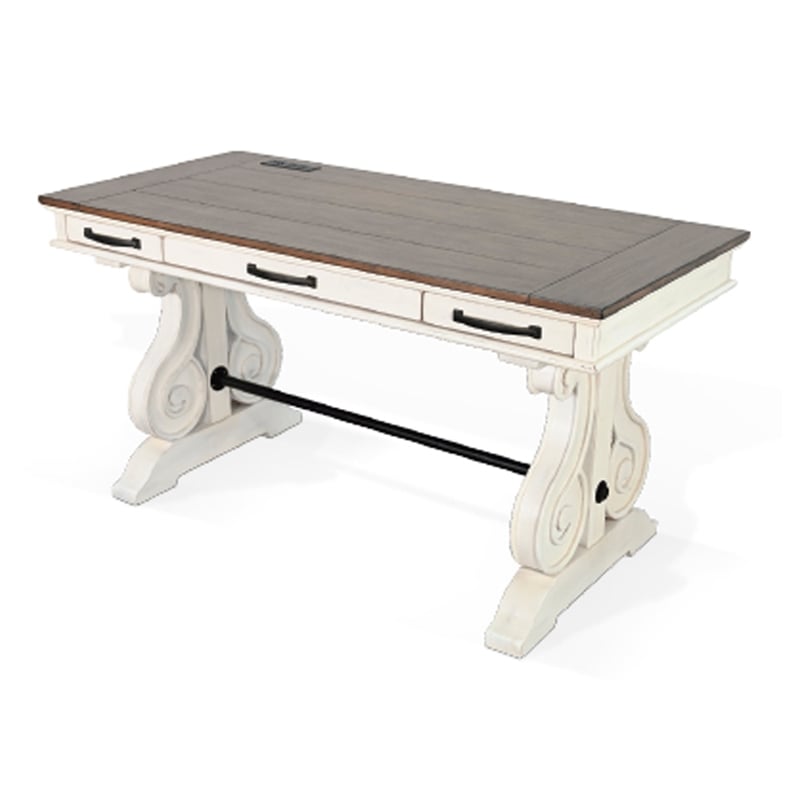 Benjara Fenil Writing Desk with Power Strip and 3 Drawer- White Mindi Mahogany