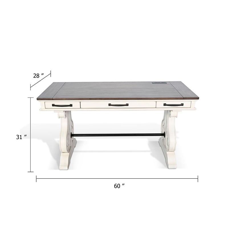 Benjara Fenil Writing Desk with Power Strip and 3 Drawer- White Mindi Mahogany