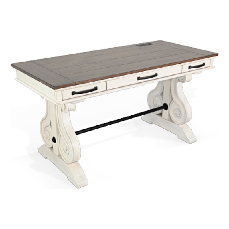 Benjara Fenil Writing Desk with Power Strip and 3 Drawer- White Mindi Mahogany