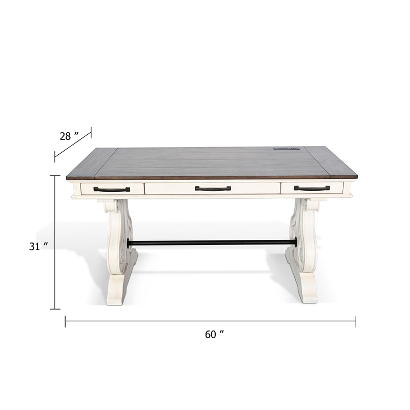 Benjara Fenil Writing Desk with Power Strip and 3 Drawer- White Mindi Mahogany