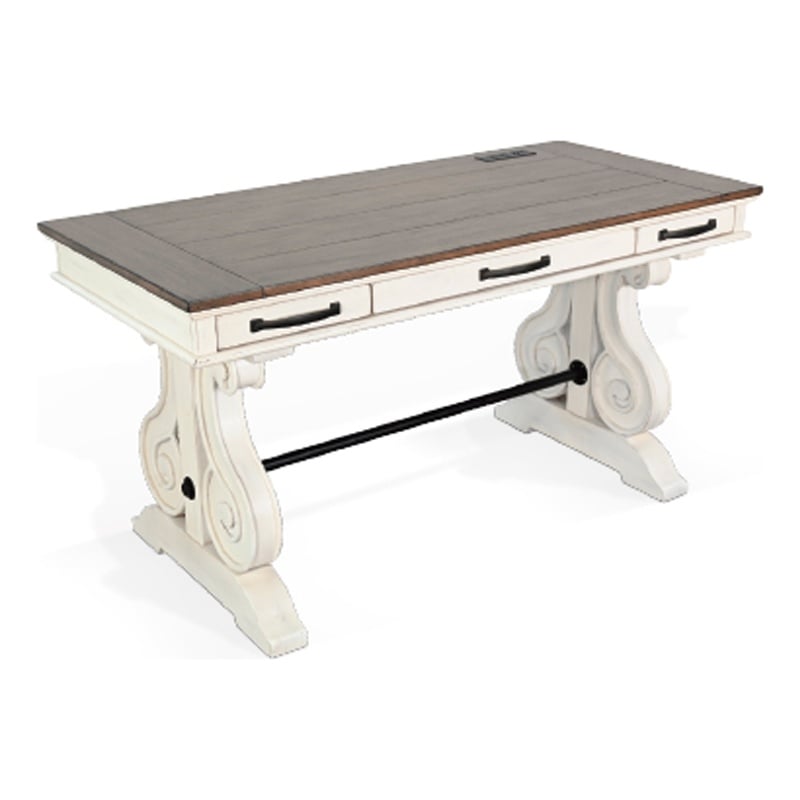 Benjara Fenil Writing Desk with Power Strip and 3 Drawer- White Mindi Mahogany