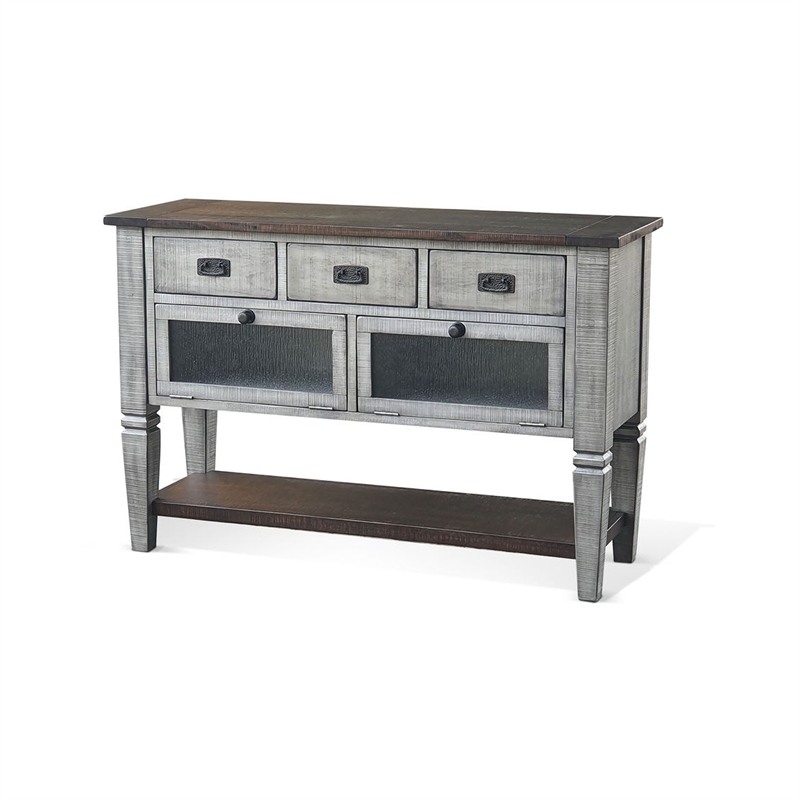 Benjara Camie Sideboard Server- Drop Down Drawers- Waterfall Brown Gray Mahogany