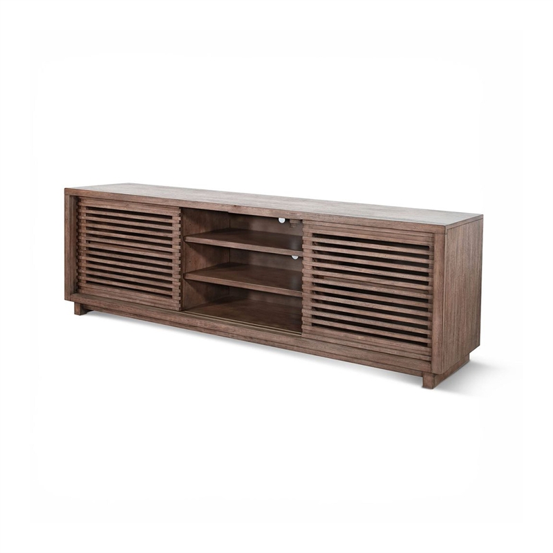 Benjara Jave TV Stand Media Cabinet- Slatted Doors and Shelves- Brown 75 Inch