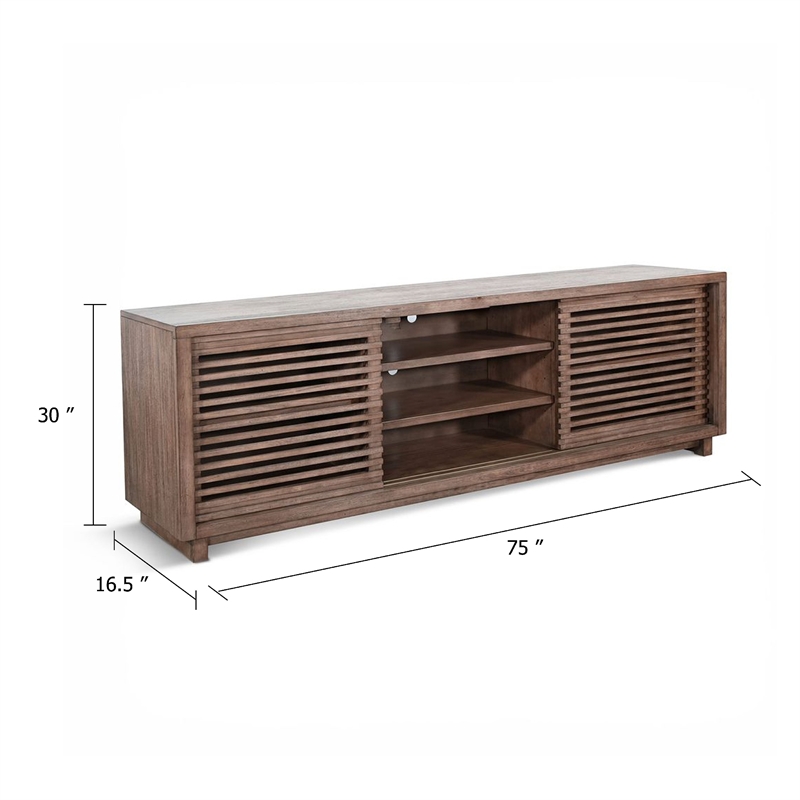 Benjara Jave TV Stand Media Cabinet- Slatted Doors and Shelves- Brown 75 Inch